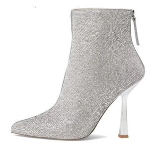 Steve Madden Callen Silver Rhinestone Ankle Pointed Toe 4.35" Mirror Heel 8 Boot
